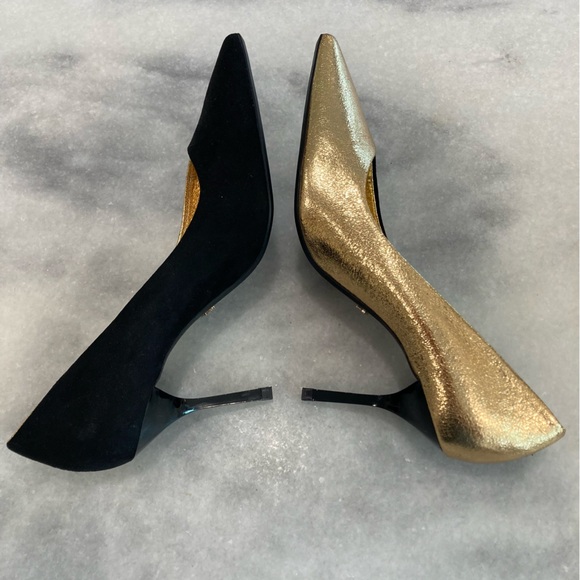 ZARA Black Suede Gold Metallic Foil Heels - Picture 6 of 11